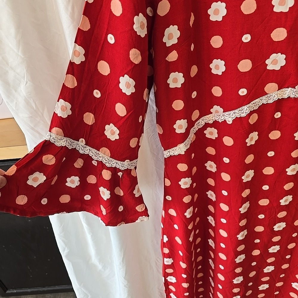 Red Polka Dot Midi Dress with Lace Trim - Picture 4 of 16